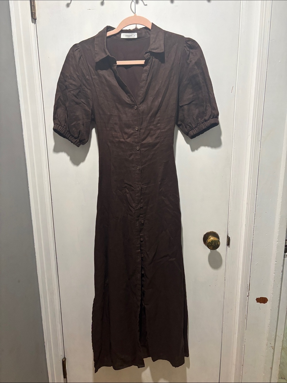 DISSH Elain chocolate brown linen open back midi dress - Picture 2 of 8